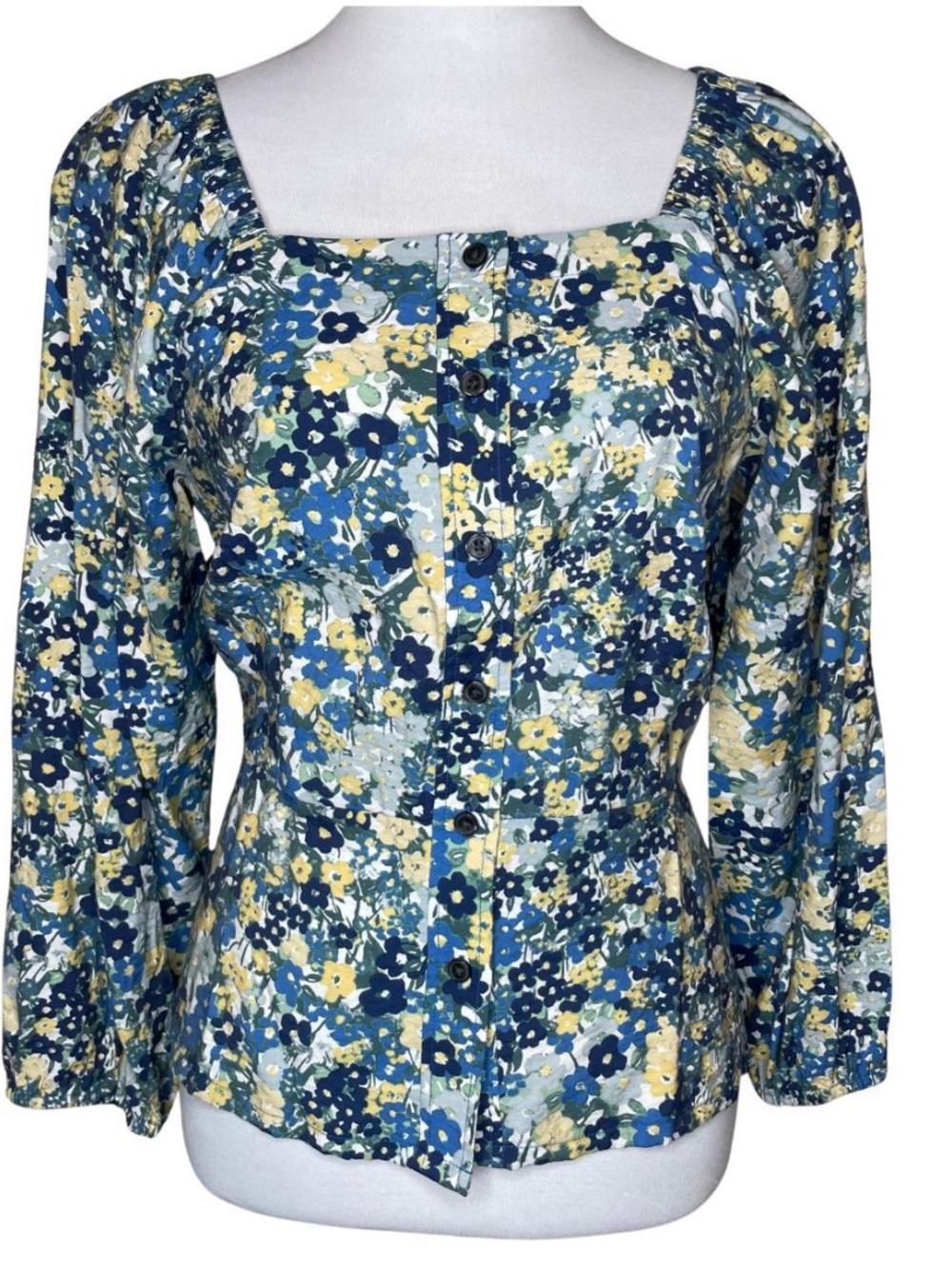 Ann Taylor Blue and Yellow Floral Square-Neck Button Front Top NWT 85$ XL